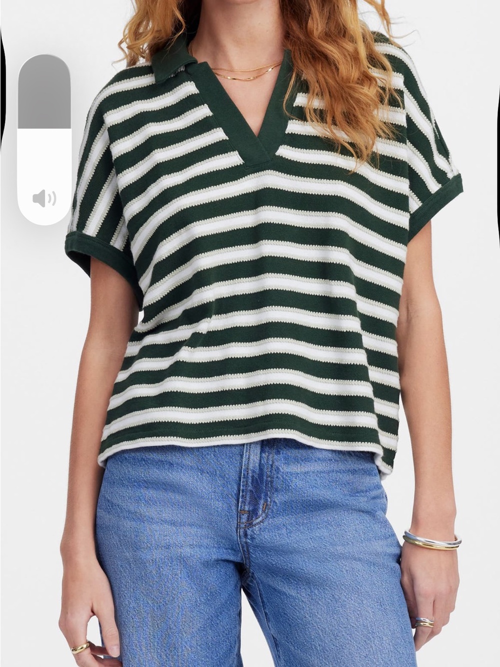 Madewell Green and White Striped Knit Polo Top